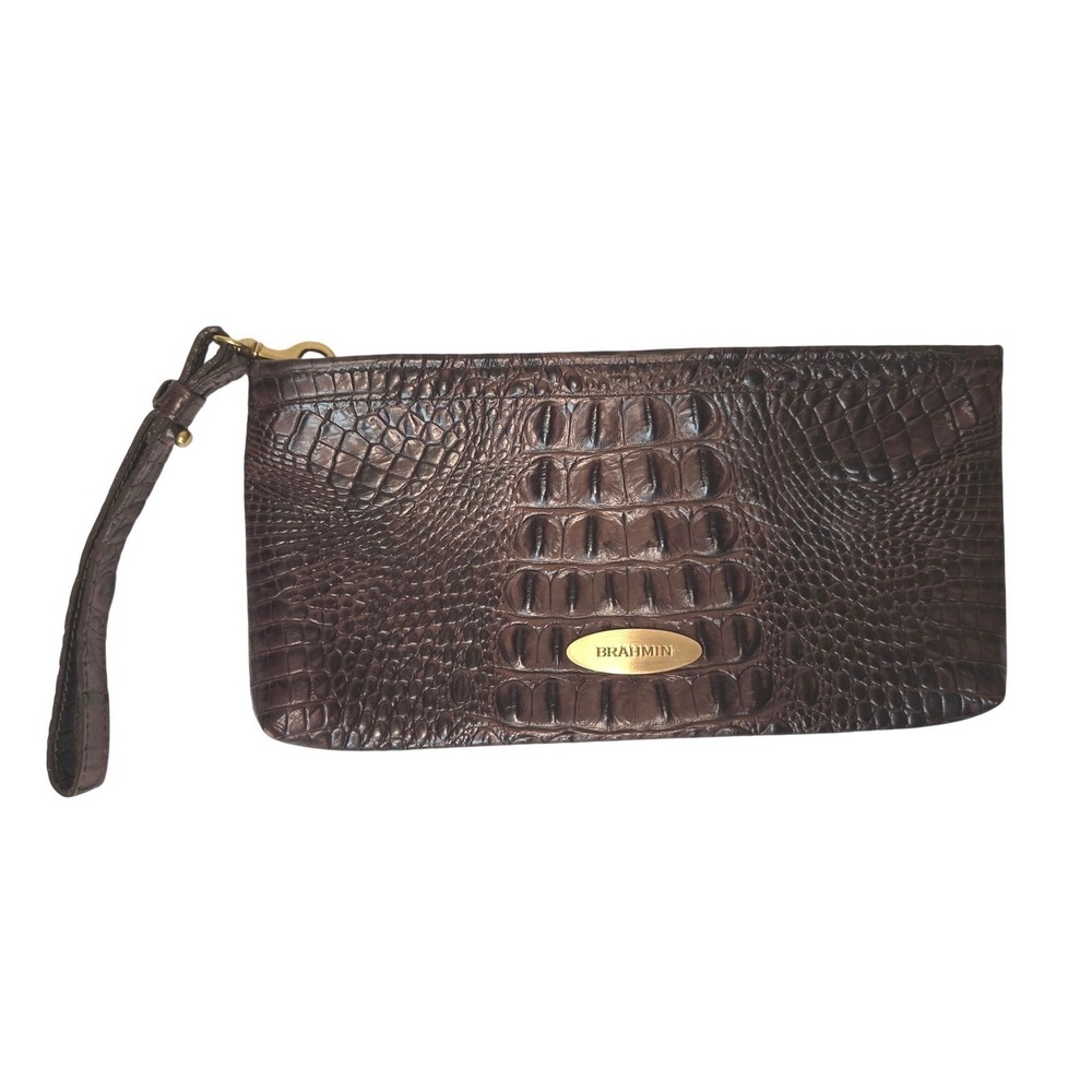 Brahmin Espresso Brown Croc Embossed Leather Wristlet Clutch Bag